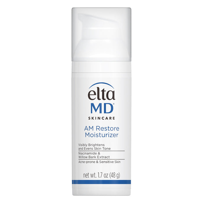 A pump bottle of EltaMD AM Restore Moisturizer, designed for acne-prone and sensitive skin.