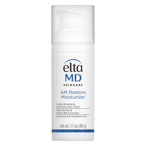 A pump bottle of EltaMD AM Restore Moisturizer, designed for acne-prone and sensitive skin.