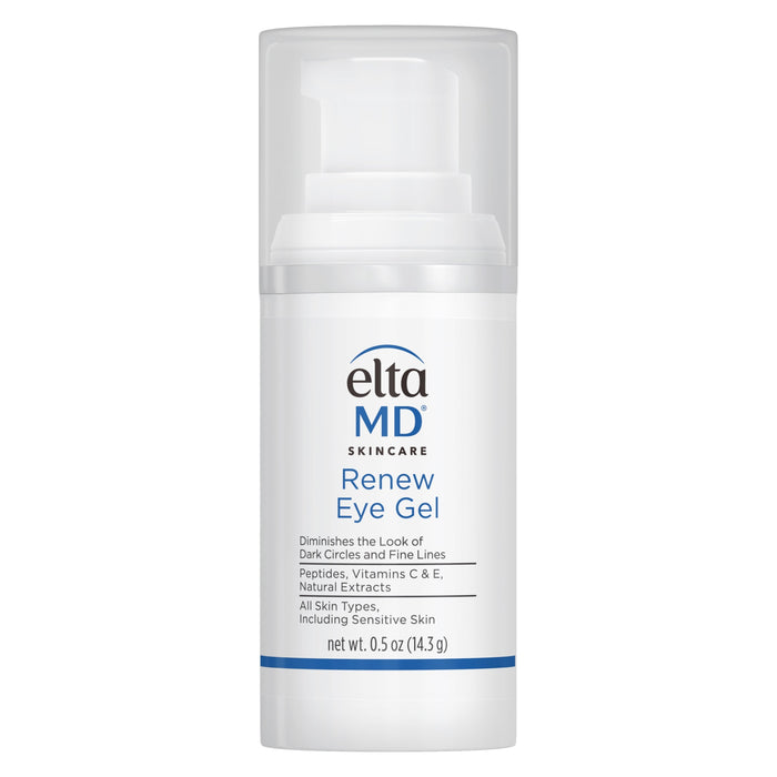 A bottle of EltaMD Renew Eye Gel, designed to diminish dark circles and fine lines around the eye area.