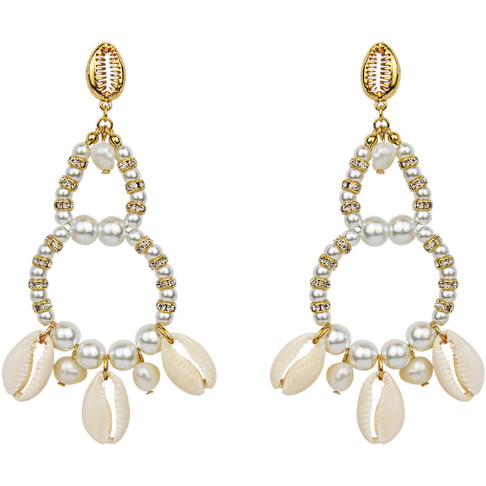 By The Sea Cowrie & Pearl Pierced Earrings (Goldtone)