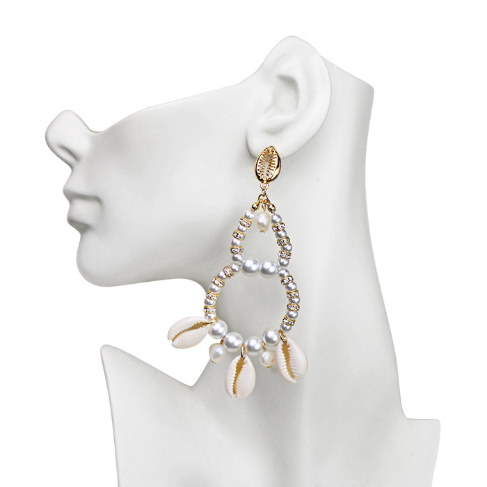 By The Sea Cowrie & Pearl Pierced Earrings (Goldtone)