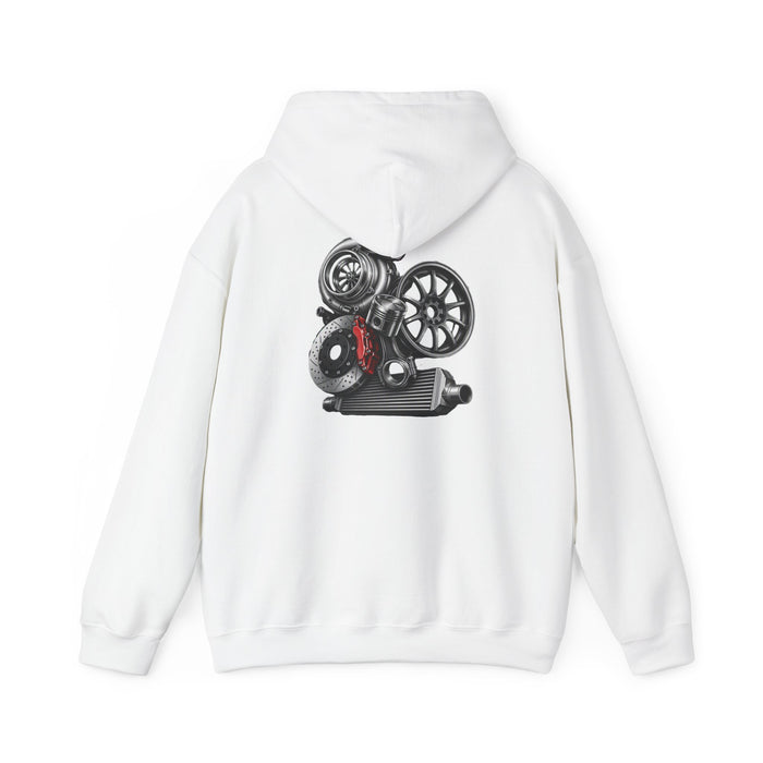 Car Parts Hoodie — Stacked Wheels & Engine Graphic Sweatshirt | MPM Tuning Design
