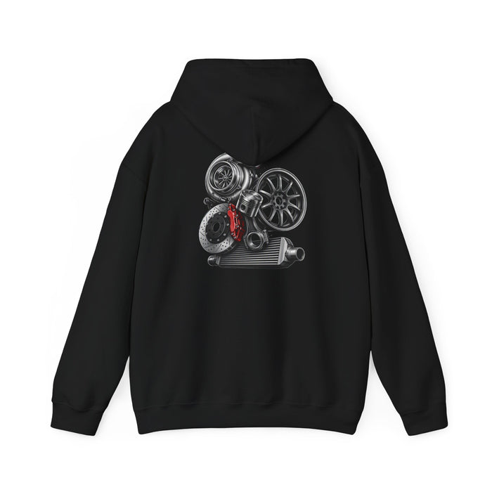 Car Parts Hoodie — Stacked Wheels & Engine Graphic Sweatshirt | MPM Tuning Design