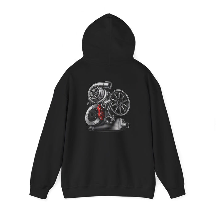 Car Parts Hoodie — Stacked Wheels & Engine Graphic Sweatshirt | MPM Tuning Design