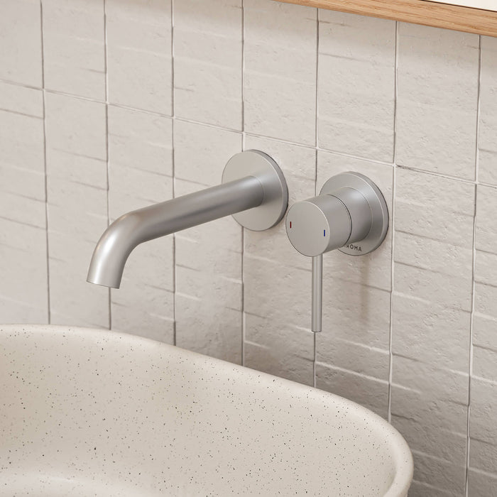 caroma liano ii lead free wall basin bath mixer set brushed nickel | The Blue Space