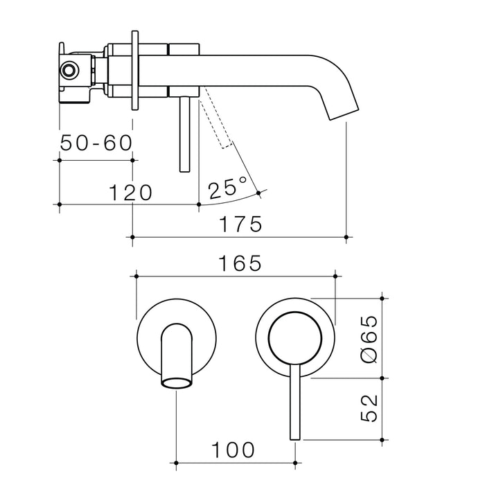 Technical Drawing Caroma Liano II Lead Free Wall Basin/Bath Mixer Set Brushed Nickel 175mm - The Blue Space