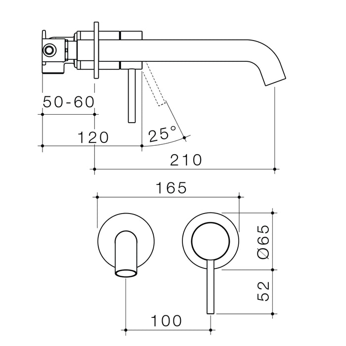 Technical Drawing Caroma Liano II Lead Free Wall Basin/Bath Mixer Set Brushed Nickel 210mm - The Blue Space