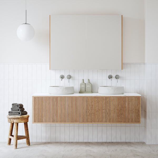 Caroma Liano II Wall Basin/Bath Mixer Set Brushed Nickel  with Ingrain Grooved Wall Hung Vanity  - The Blue Space