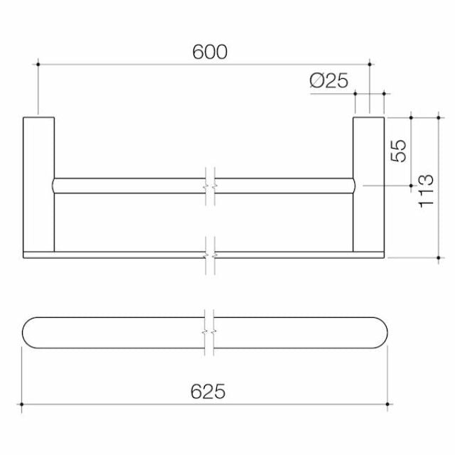Technical Drawing Caroma Urbane II 625mm Double Towel Rail Brushed Brass 99626BB - The Blue Space