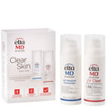 Elta MD Clear Skin Daily Duo skincare set, featuring a white product box and two white bottles: AM Restore Moisturizer and UV Clear Face Sunscreen, on a white background.