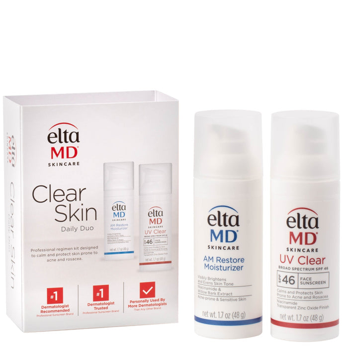Elta MD Clear Skin Daily Duo skincare set, featuring a white product box and two white bottles: AM Restore Moisturizer and UV Clear Face Sunscreen, on a white background.