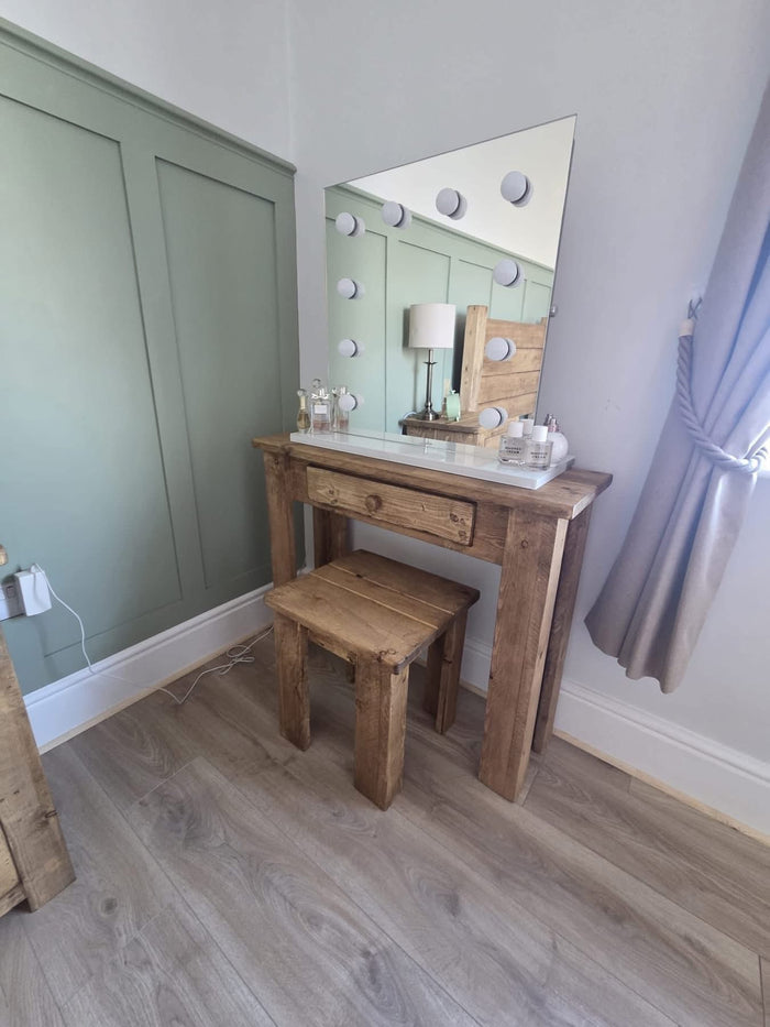 Handmade rustic wooden corner desk with matching stool