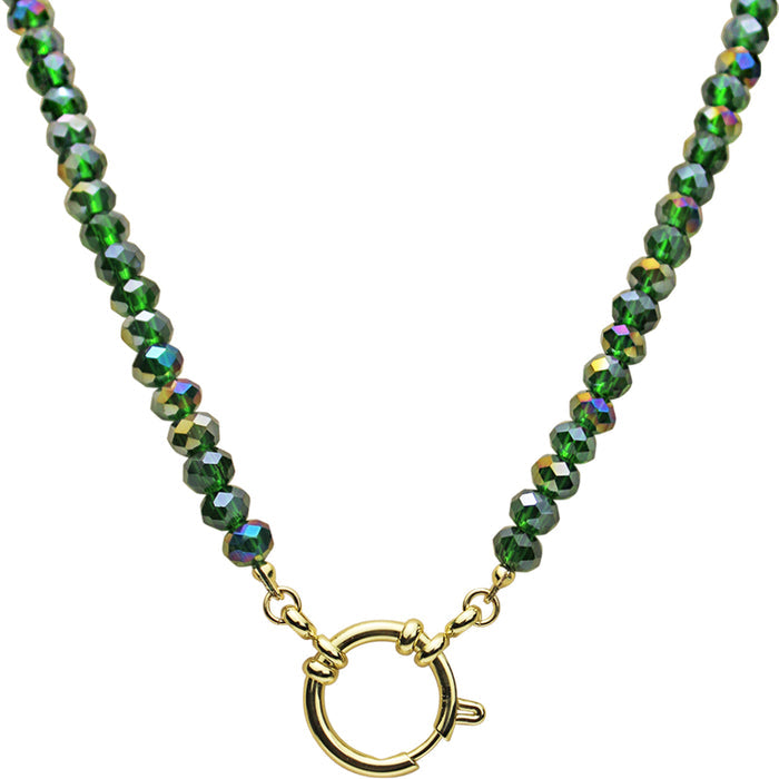 Crystalized 6mm Beaded Sailor Clasp 18" Charm Necklace (Goldtone/Emerald AB)