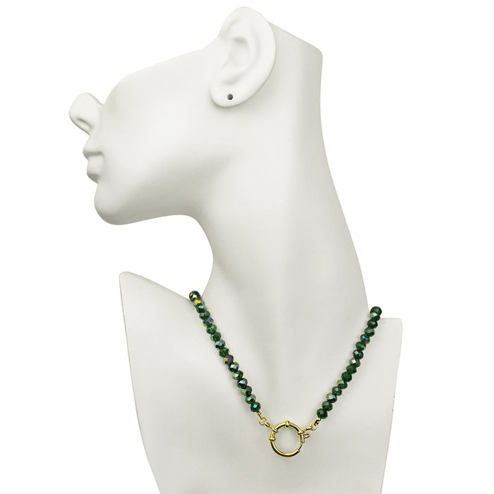 Crystalized 6mm Beaded Sailor Clasp 18" Charm Necklace (Goldtone/Emerald AB)