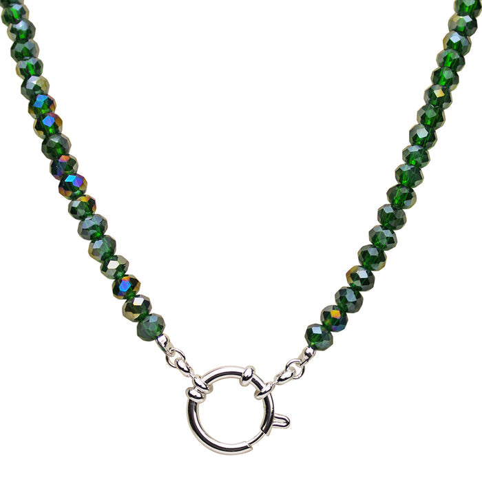 Crystalized 6mm Beaded Sailor Clasp 18" Charm Necklace (Sterling Silvertone/Emerald AB)