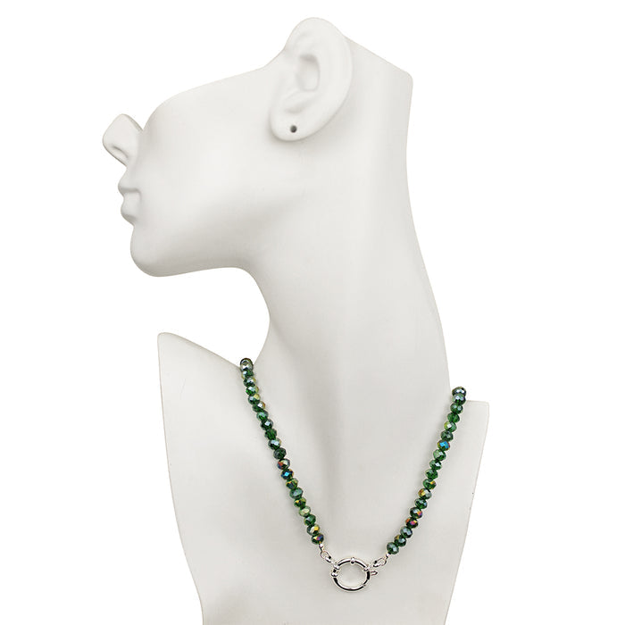 Crystalized 6mm Beaded Sailor Clasp 18" Charm Necklace (Sterling Silvertone/Emerald AB)