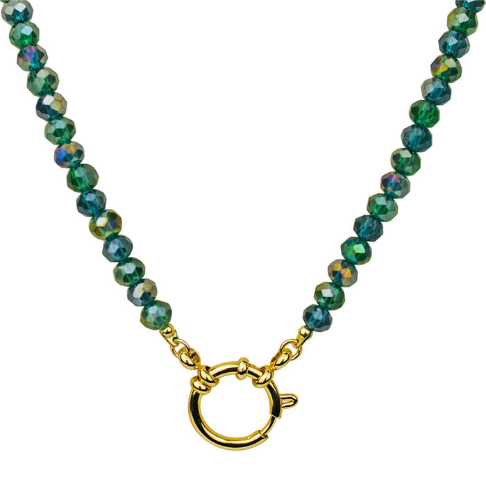 Crystalized 6mm Beaded Sailor Clasp 30" Charm Necklace (Goldtone/Multi Azure)