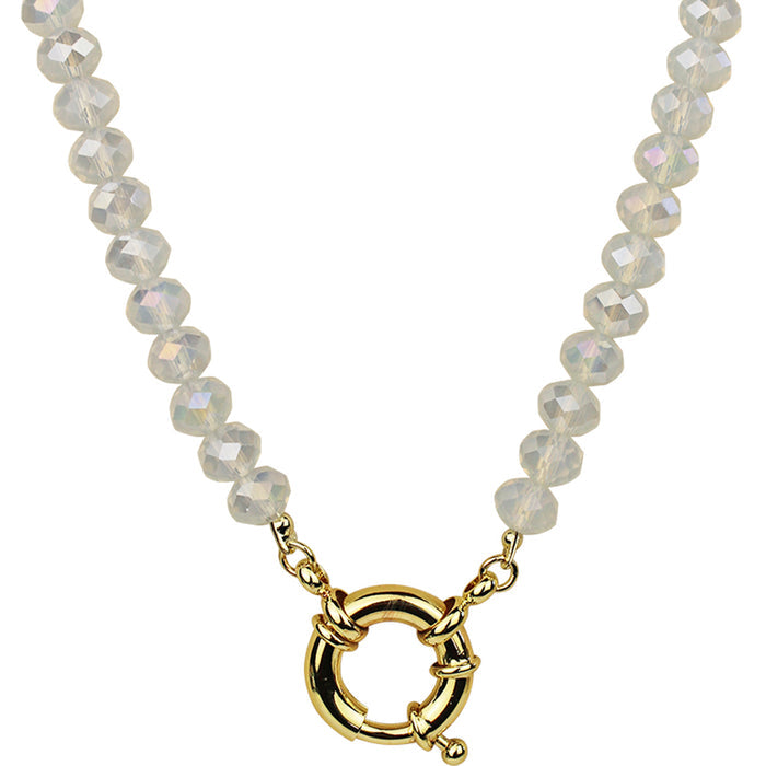 Crystalized 8mm Beaded Sailor Clasp Charm 18" Necklace (Goldtone/Cloud Opal)