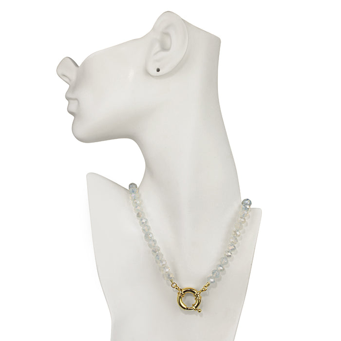 Crystalized 8mm Beaded Sailor Clasp Charm 18" Necklace (Goldtone/Cloud Opal)