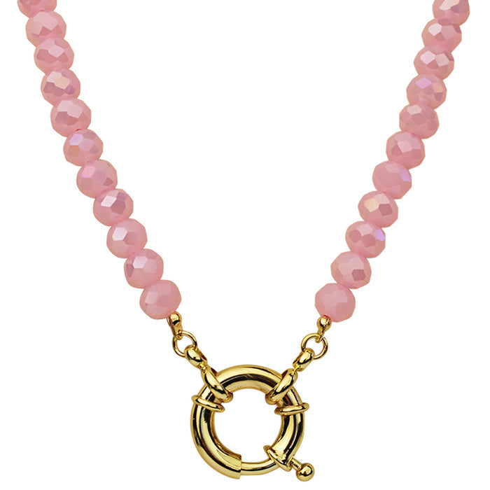 Crystalized 8mm Beaded Sailor Clasp Charm 18" Necklace (Goldtone/Pink Opal)