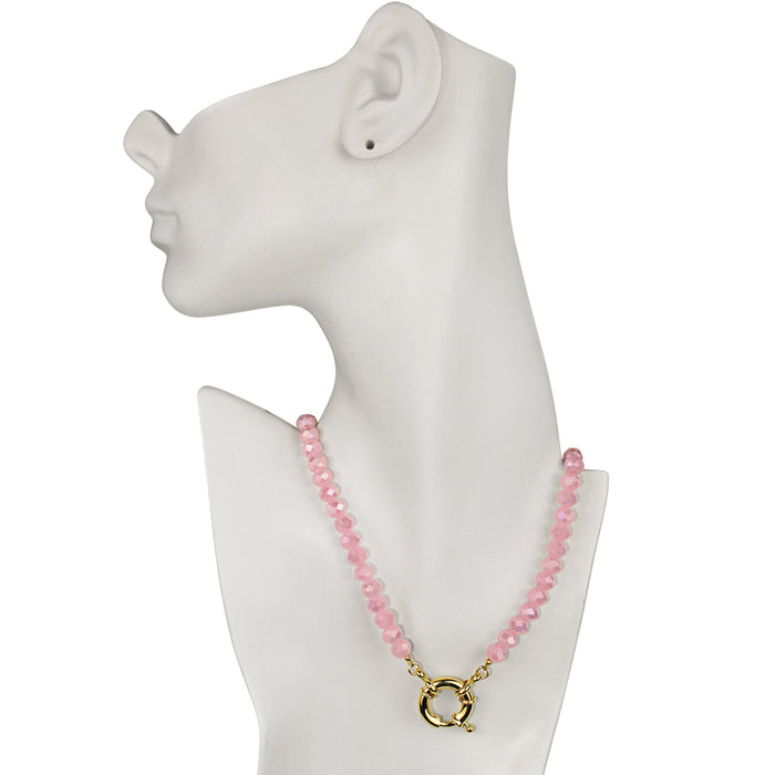 Crystalized 8mm Beaded Sailor Clasp Charm 18" Necklace (Goldtone/Pink Opal)