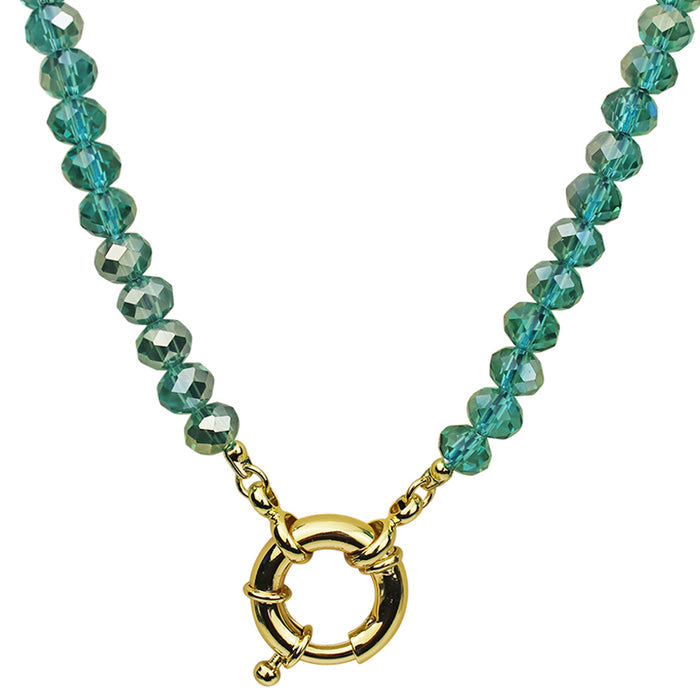 Crystalized 8mm Beaded Sailor Clasp Charm 18" Necklace (Goldtone/Teal/Azure)