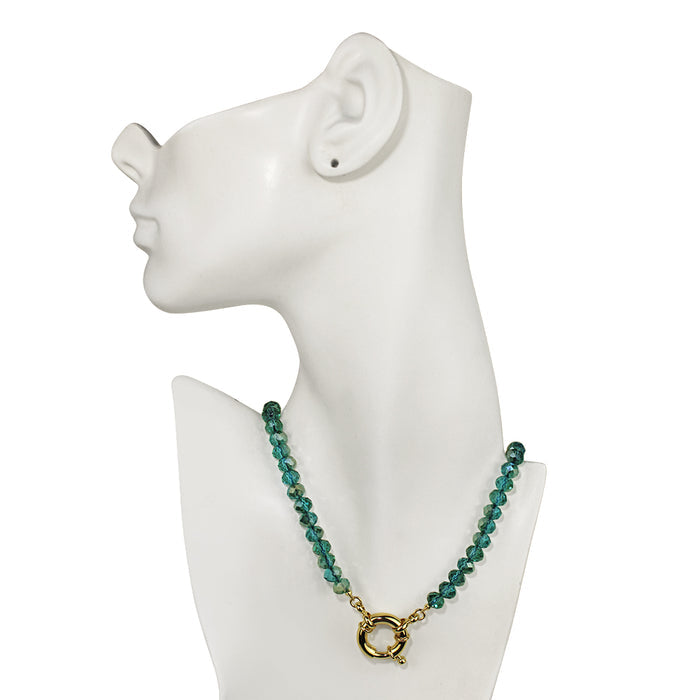 Crystalized 8mm Beaded Sailor Clasp Charm 18" Necklace (Goldtone/Teal/Azure)