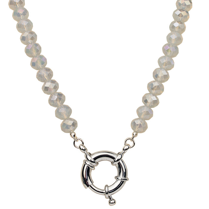 Crystalized 8mm Beaded Sailor Clasp Charm 18" Necklace (Sterling Silvertone/Cloud Opal)
