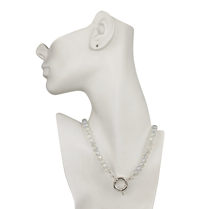 Crystalized 8mm Beaded Sailor Clasp Charm 18" Necklace (Sterling Silvertone/Cloud Opal)