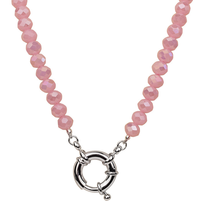 Crystalized 8mm Beaded Sailor Clasp Charm 18" Necklace (Sterling Silvertone/Pink Opal)