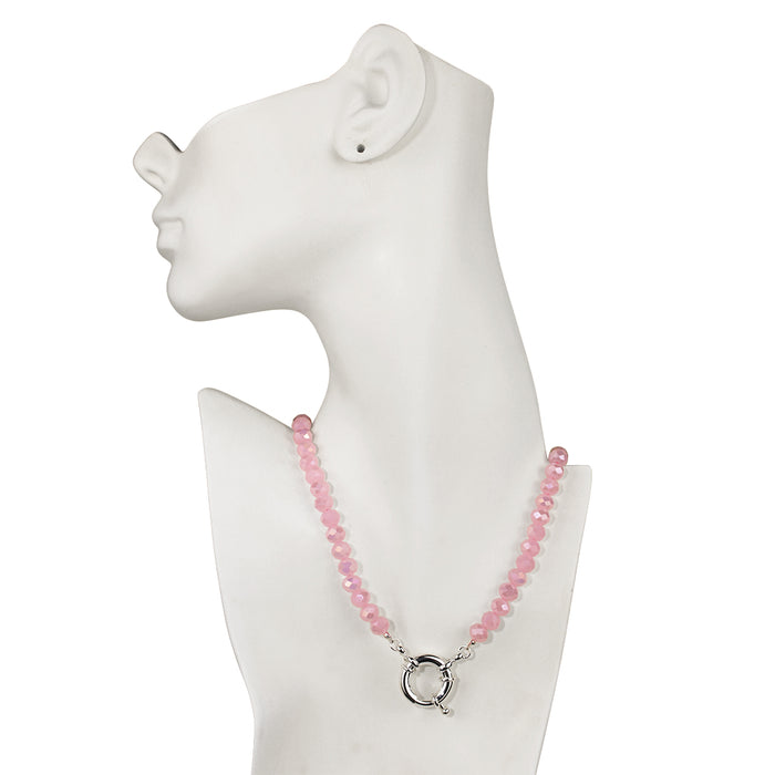 Crystalized 8mm Beaded Sailor Clasp Charm 18" Necklace (Sterling Silvertone/Pink Opal)