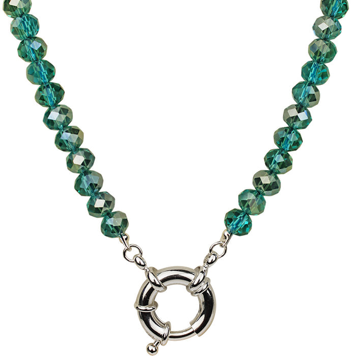 Crystalized 8mm Beaded Sailor Clasp Charm 18" Necklace (Sterling Silvertone/Teal/Azure)