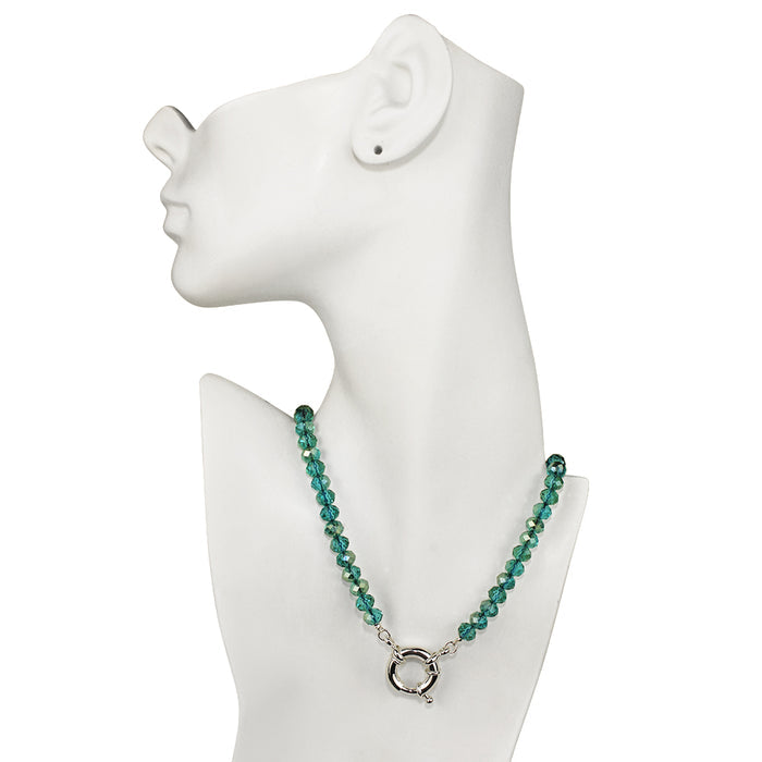 Crystalized 8mm Beaded Sailor Clasp Charm 18" Necklace (Sterling Silvertone/Teal/Azure)