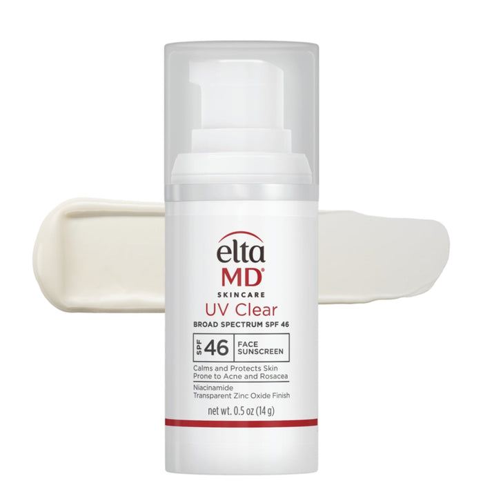Elta MD UV Clear Broad Spectrum SPF 46 Face Sunscreen in a white pump bottle, shown with a cream-colored swipe of the product behind it on a white background.