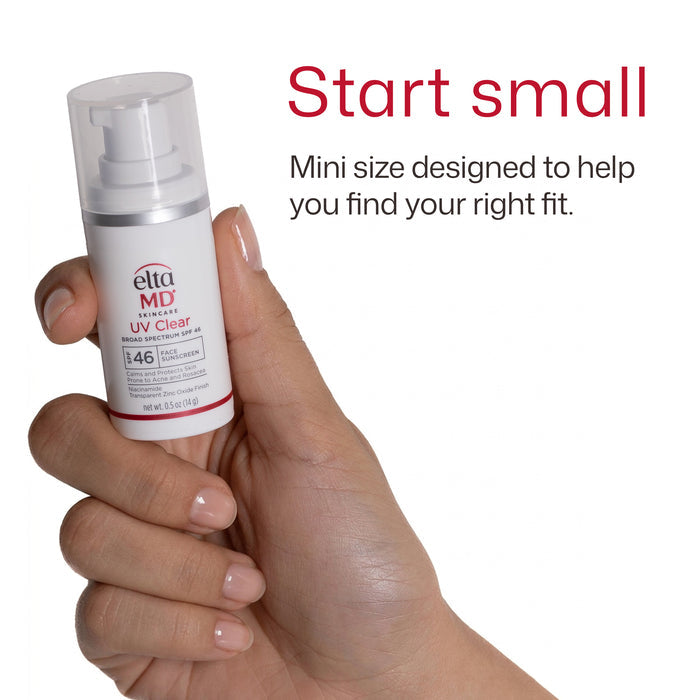 A hand holding a small white pump bottle of Elta MD Advanced UV Daily SPF 40 sunscreen, with the text 'Start small' and 'Mini size designed to help you find your right fit.' on a white background.
