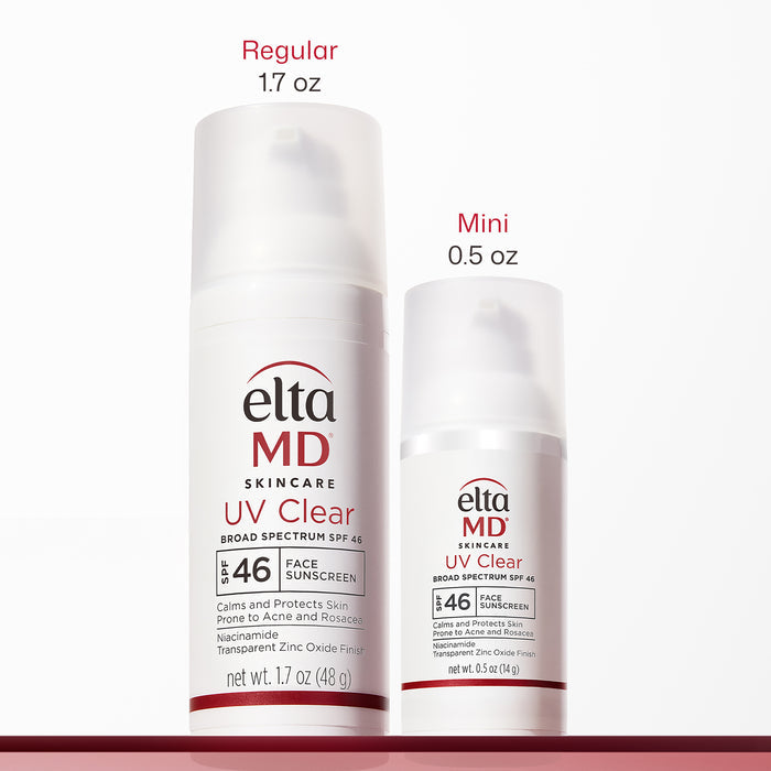 Two bottles of Elta MD UV Clear sunscreen, one regular 1.7 oz and one mini 0.5 oz, on a white background.