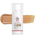 Elta MD Skincare UV Daily Broad Spectrum SPF 40 Tinted Face Screen in a white pump bottle, shown with a beige foundation swatch on each side against a white background.