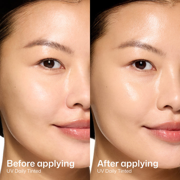 Before and after comparison of a woman's face applying UV Daily Tinted product.