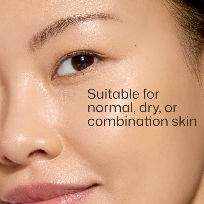 Close-up of a person's eye with text indicating skin type suitability.