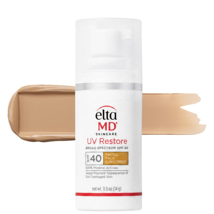 Elta MD Skincare UV Restore Tinted Face Sunscreen SPF 40 in a white pump bottle, shown with beige foundation swatches on either side against a white background.