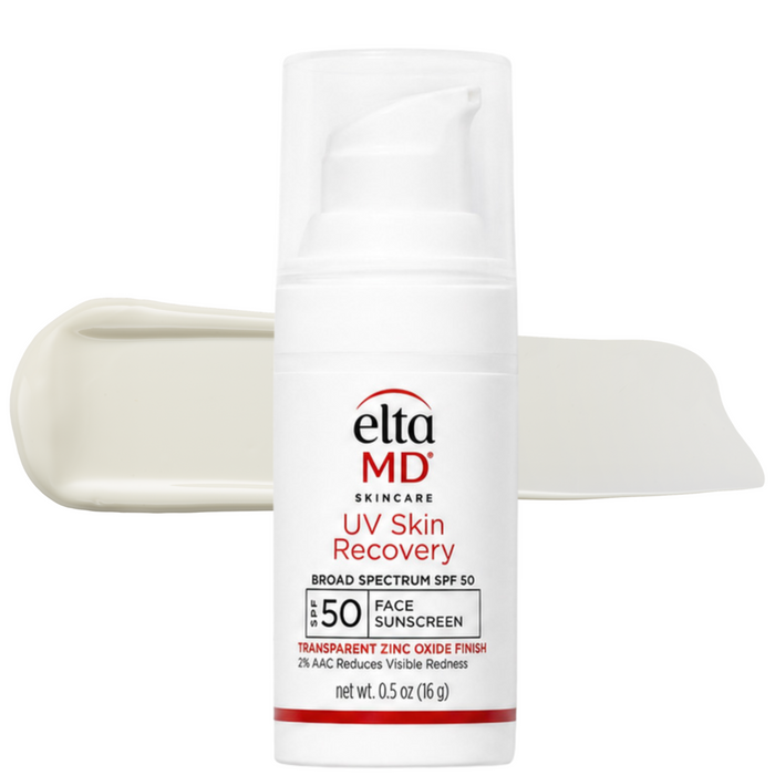 Elta MD Skincare UV Skin Recovery Broad Spectrum SPF 50 Face Sunscreen in a white pump bottle, shown with a beige cream smear behind it on a white background.