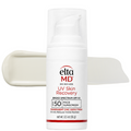 Elta MD Skincare UV Skin Recovery Broad Spectrum SPF 50 Face Sunscreen in a white pump bottle, shown with a beige cream smear behind it on a white background.