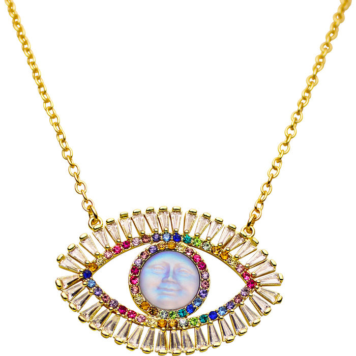 Glass Seaview Moon Angel Eye Necklace (Goldtone)