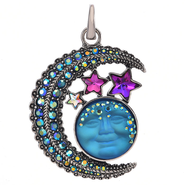 Goddess Seaview Moon Crystal Cosmic Open Ring Charm (Silver Ox/Mystic Blue Sphinx)