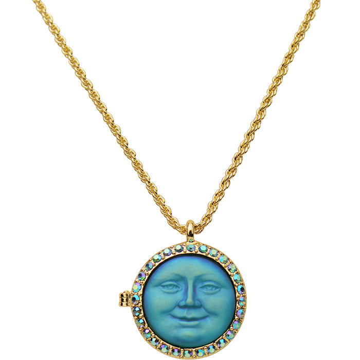Love Never Dies Glass Seaview Moon 20mm Locket Necklace (Goldtone/Indicolite)