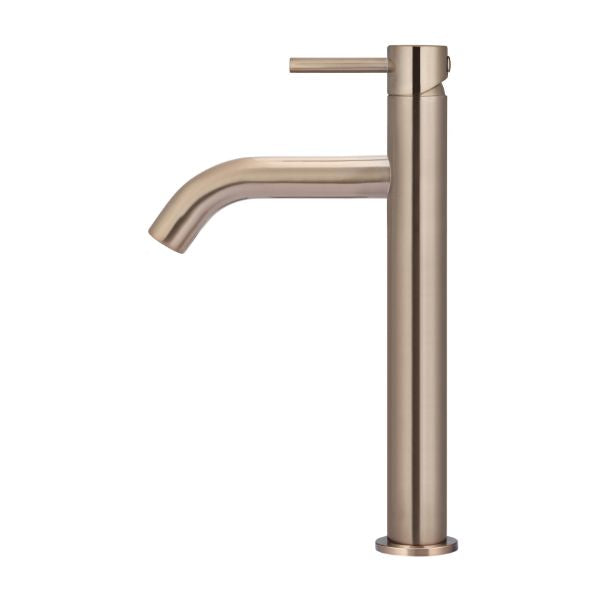 Meir Piccola Tall Basin Mixer - Champagne in side view - The Blue Space