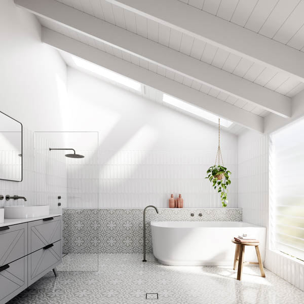 Meir Round Wall Mounted Shower Arm 400mm - Shadow with Baö Elegant Back to Corner Bath  - The Blue Space