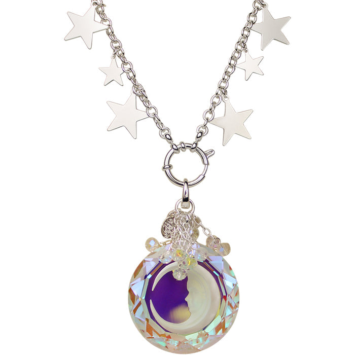 Moon Shadow Crystal Open Ring Charm with Starry Night Sailor Ring Charm Necklace (Sterling Silvertone)