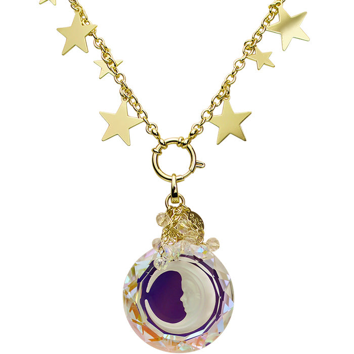 Moon Shadow Crystal Open Ring Charm with Starry Night Sailor Ring Charm Necklace (Goldtone)