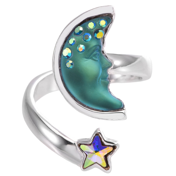 Moon Shadow Wishing Star Adjustable Ring (Sterling Silvertone/Mystic Blue Sphinx)